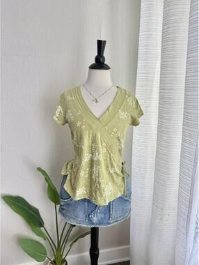 Y2K Old Navy Sage Green Floral Wrap Top Fairy Grunge Coquette Baby Tee